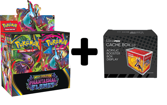 MINT Pokemon ME02 Phantasmal Flames Booster Box PLUS Acrylic Ultra Pro Cache Box 2.0 Protector